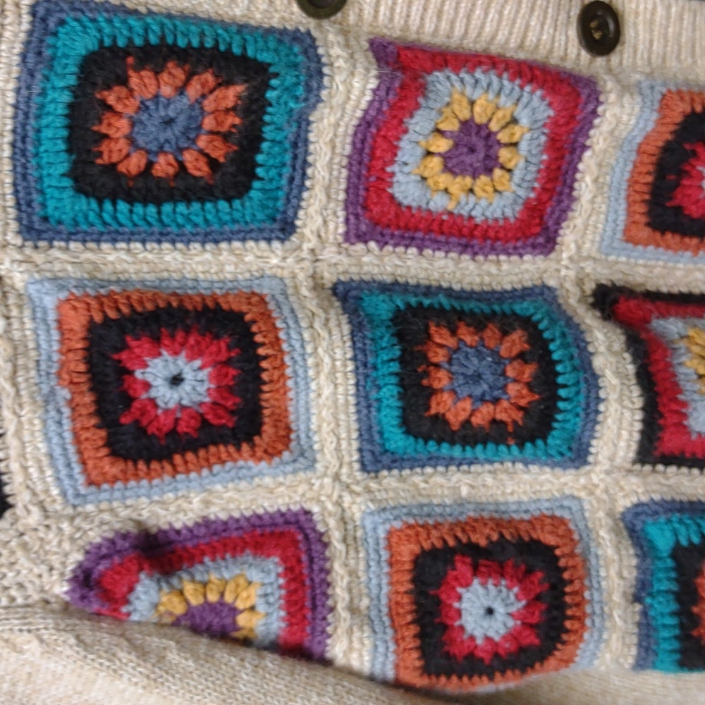 Alfred Dunner Vintage Crochet Granny Square Beige Ramie Cotton Knit Cardigan PXL - Picture 7 of 16